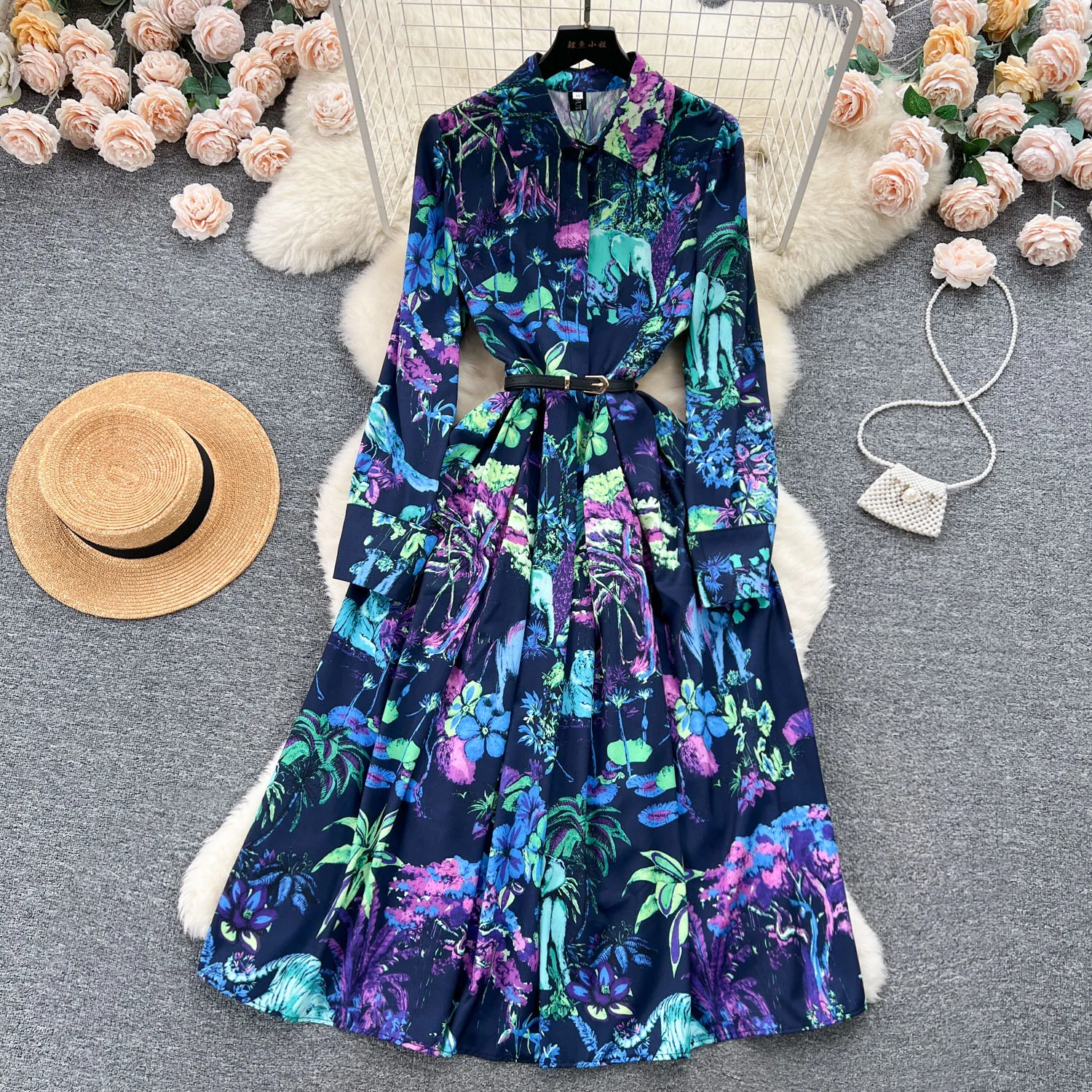 

Chic Floral Print Elegant Long Sleeve Dress A-line High Waist Vacation Party Women Autumn Spring Vestidos