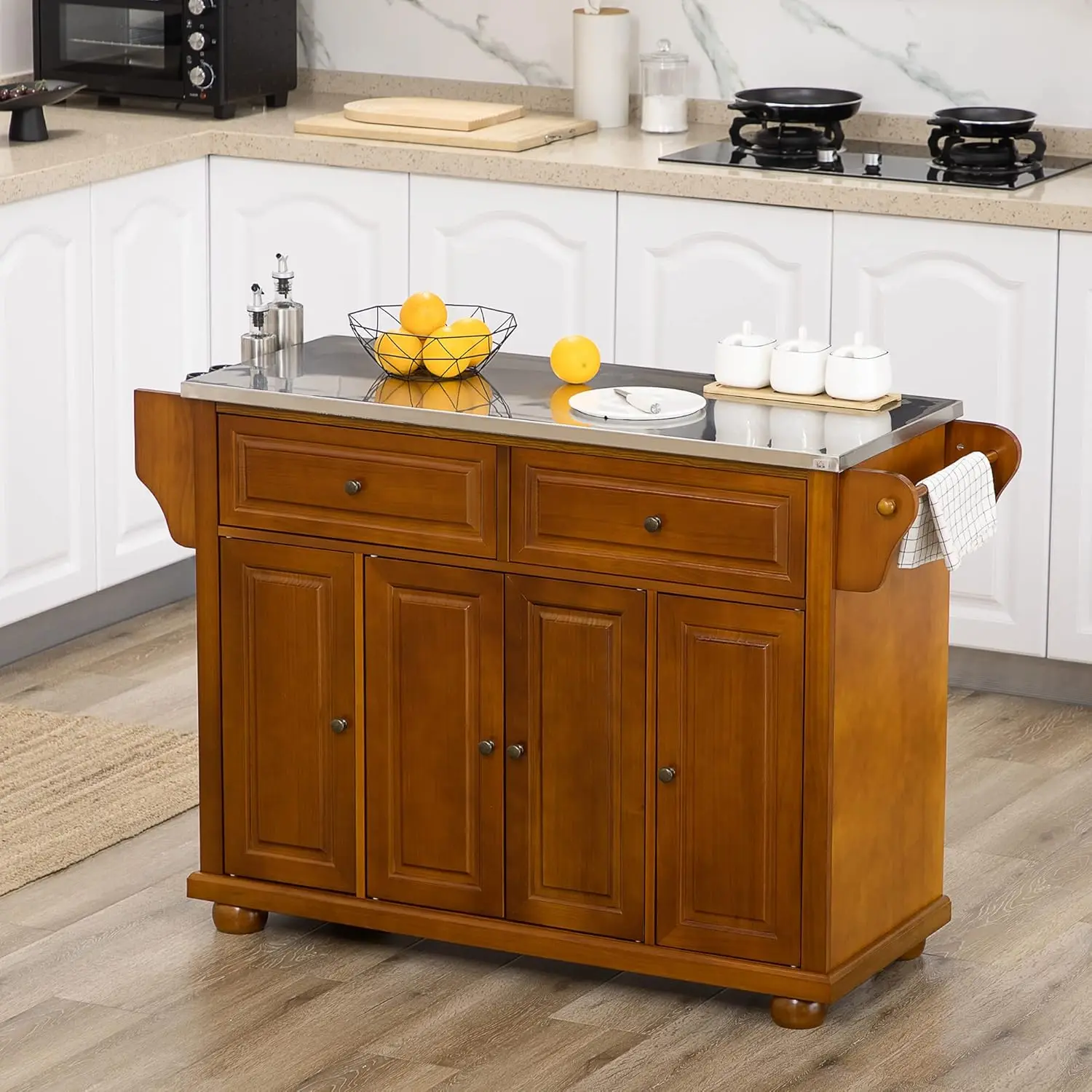 HOMCOM Triple-Cabinet Double-Drawer Kitchen Island with Storage, Butcher Block Island with Stainless Steel Top, Spice and Towel