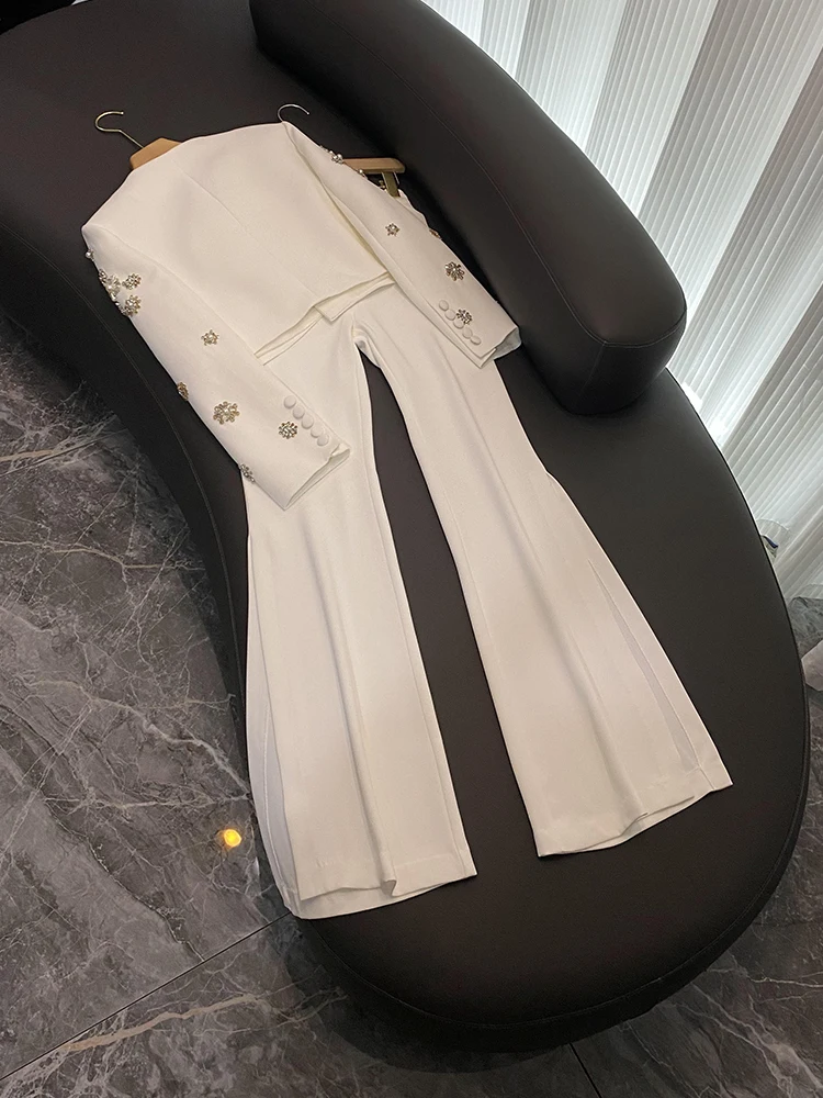 Luxury Fine Workmanship Beads Rhinestone Lady Suit Short Length Coat Slit Wide Leg Pants Women 2Pcs White