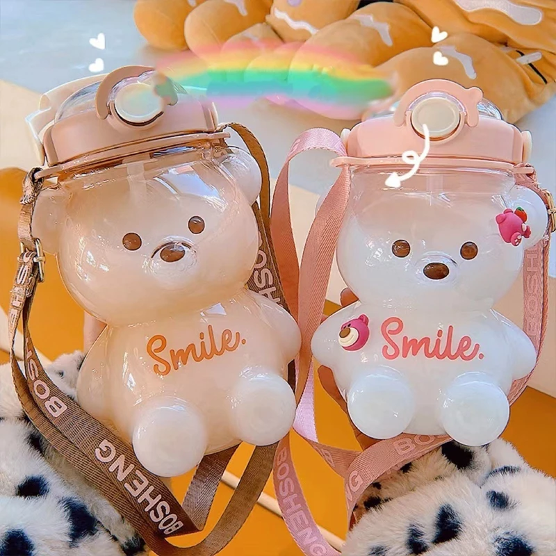 

1400ml Large Capacity Water Bottle Portable Backpack Kettle Water Bottle Mug with Straw Kids Cup Cartoon Bear Plastic Sippy Cup