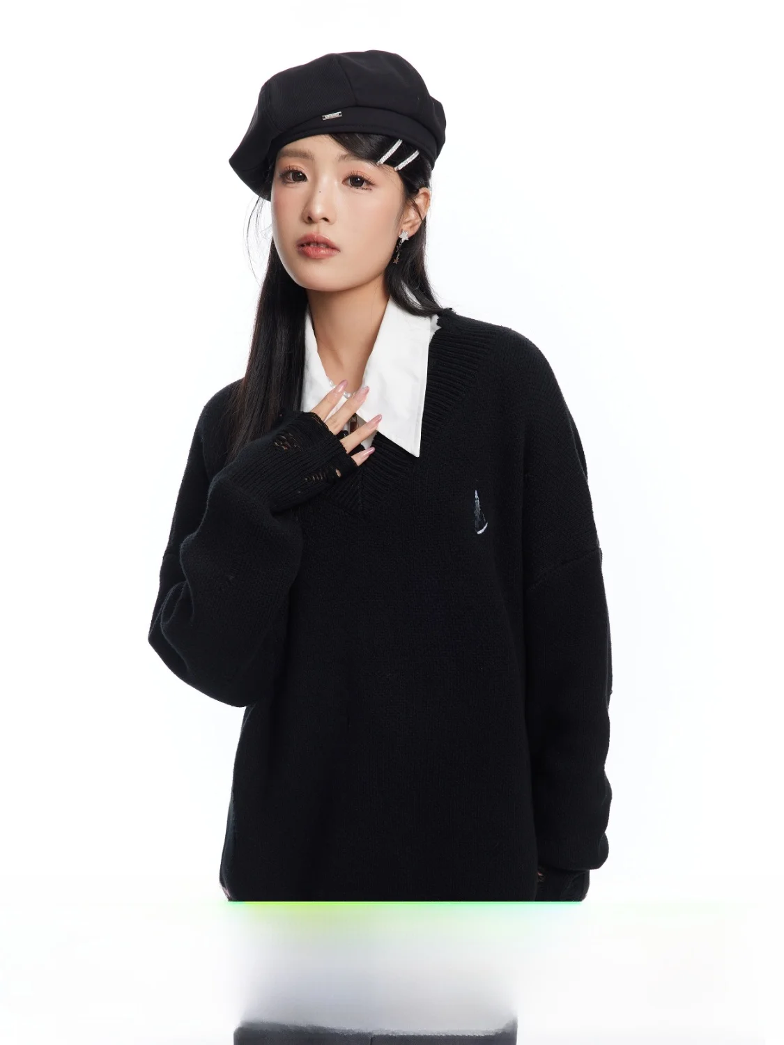 

AOAOSU Bla Qingli Высококачественный вязаный свитер с вышитыми отверстиями и V-Ne, женский ленивый свитер из смеси хлопка