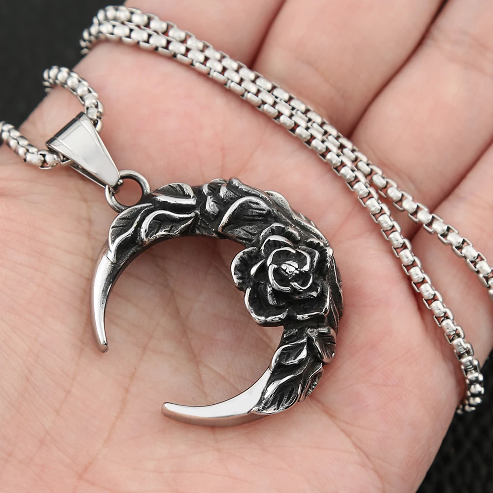 Punk Vintage 316L Stainless Steel Moon And Night Pendant With Rose For Men Women Biker Fashion Creative Jewelry Gifts Wholesale