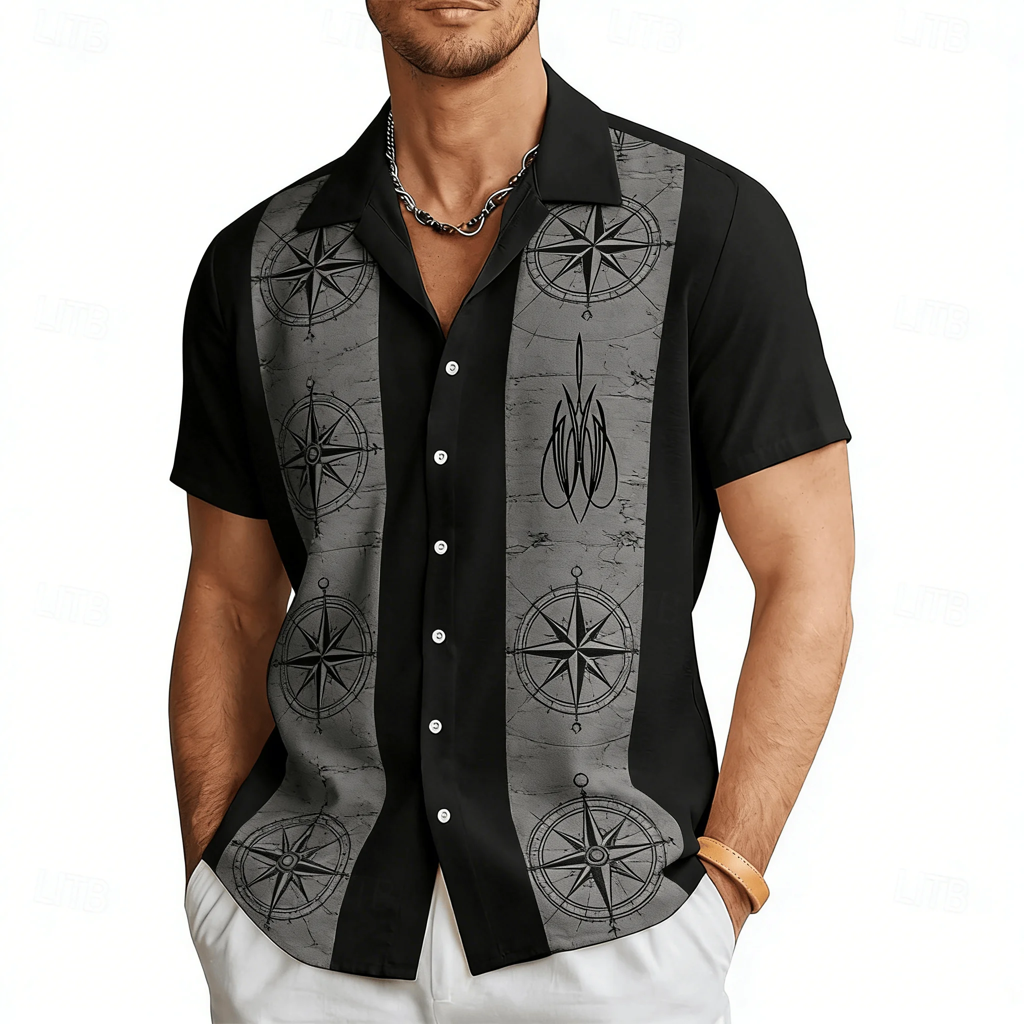 

Men's Nautical Compass Print Short Sleeve Shirt, Black Gray Paneled Wind Rose Design Button Down for Spring Summer Casual