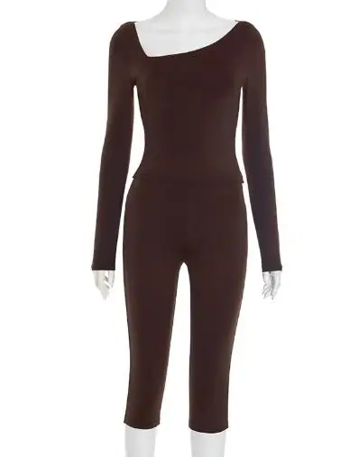 Autumn Irregular Slanted Neck Tight Fitting Long Sleeved Top and Solid Color Cropped Pants Set for Women's Casual 2-Piece Set
