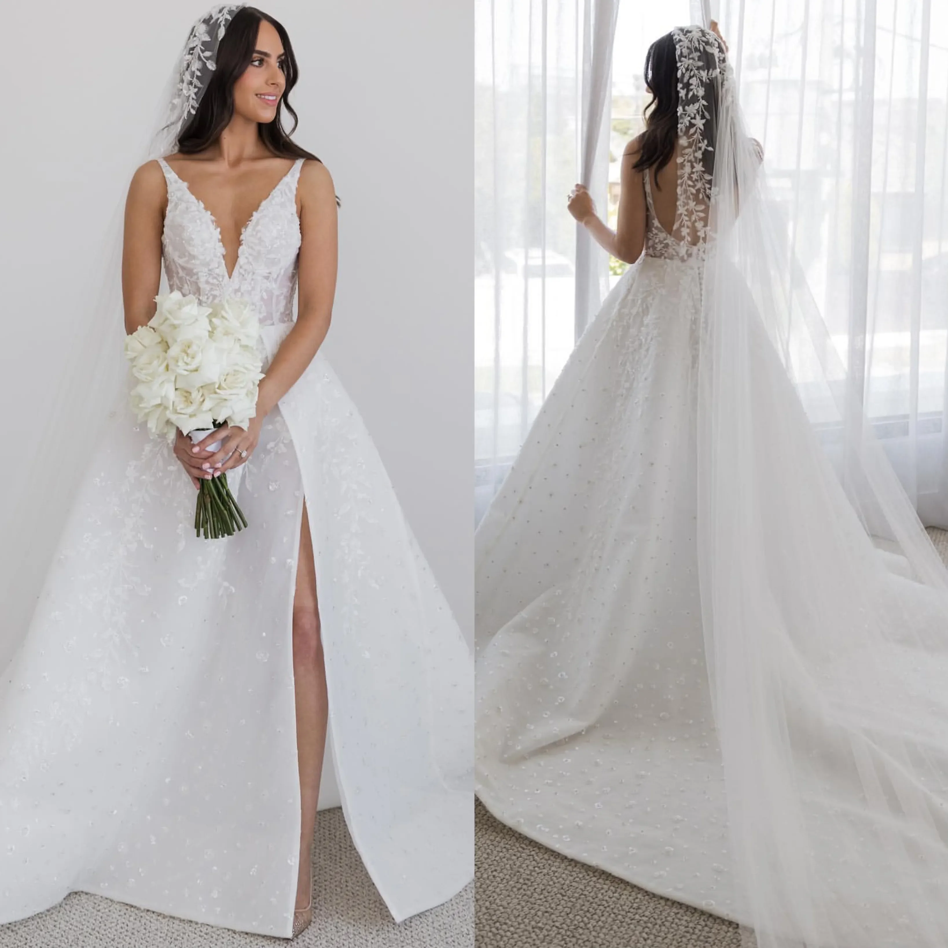 

Classic V-neck backless sequin applique lace wedding dress sexy thigh slit backless beach garden bridal party dress new 2024