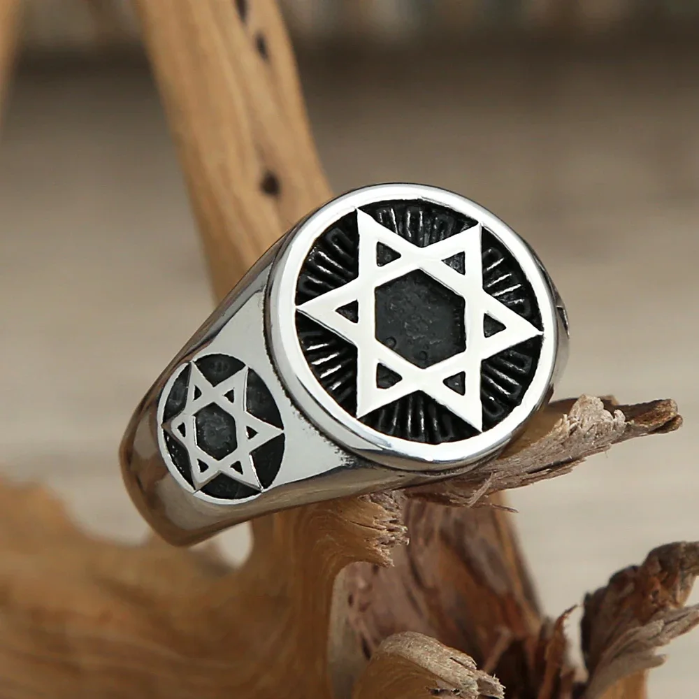 

Punk Simple Vintage Hexagram Ring Stainless Steel Star Of David Rings For Men Fashion Biker Amulet Jewelry Gift Dropshipping