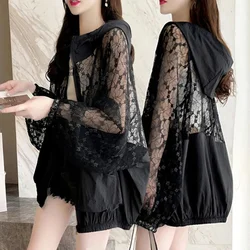2024 New Summer Fashion Sun Protection Clothing Women's Korean Lace Hollow Out Splice Hooded Thin Loose Casual Female Jacket