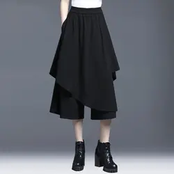 Summer New Black Asymmetrical Cropped Pants Elastic Waist Loose Plus Size Pants Casual Fashion Women Clothing