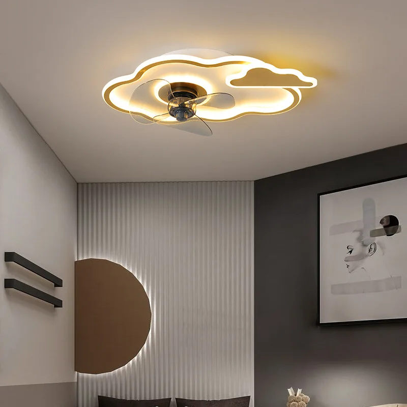 Modern Minimalist Children's Bedroom Fan Lights LED Three-tone Lighting Indoor Ceiling Lamp Iron Paint Golden Clouds Kid Fixture