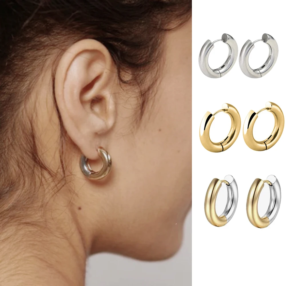 10/12/14mm Minimalist Classic 4MM Stainless Steel Plating Gold Color Non Tarnish Waterproof Hoop Earrings For Women Men Gift