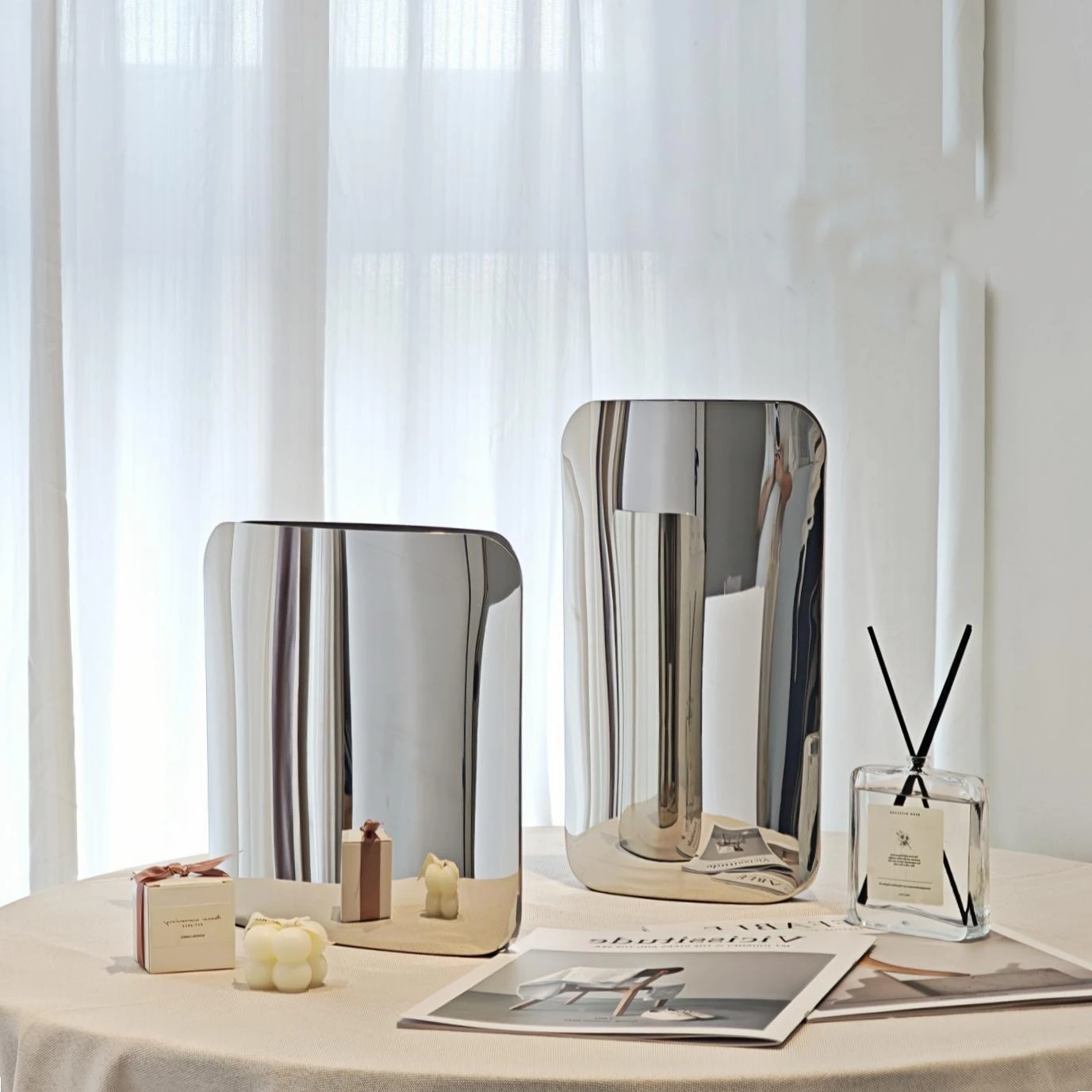 Silver Stainless Steel Mirror-faced Geometric Decorative Vase Flower Vase Flower Pot Flower Arrangement Accessories Vases