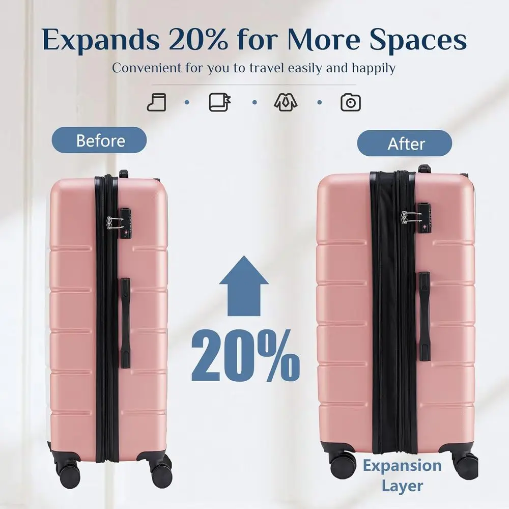 20 Expandable Hard Shell Suitcase with TSA Lock, Lightweight ABS, Double Spinner Wheels, Pink