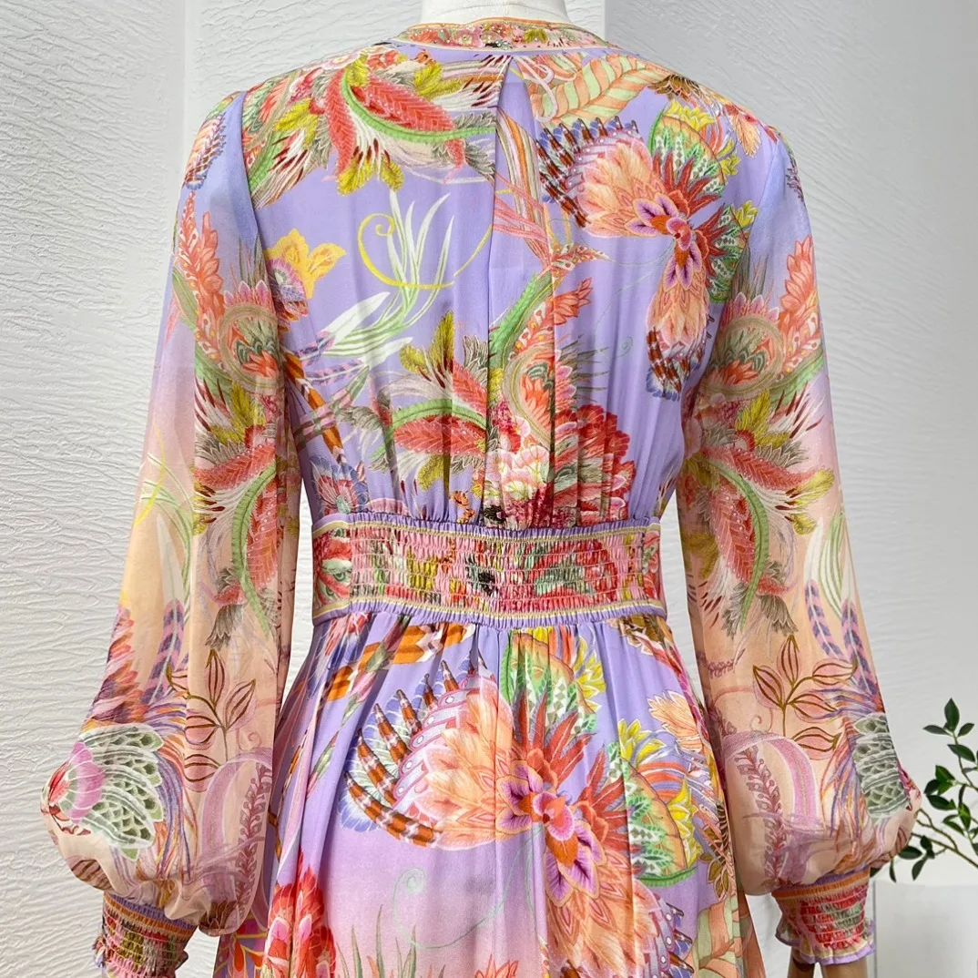 2024 Spring Floral Print Long Sleeve Diamonds Silk Ankle Dress