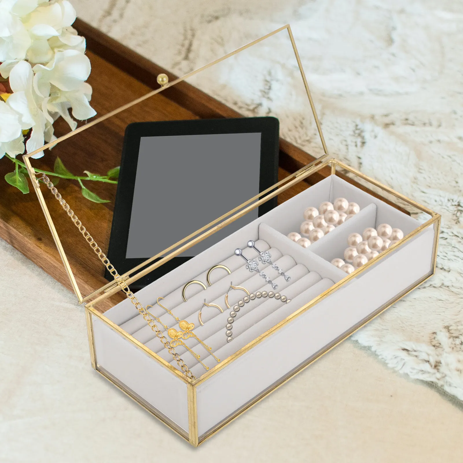 Glass Jewelry Box Vintage Golden Frame Keepsake Organizer Clear Display Case for Earrings Rings Necklaces Earring Organizer Box