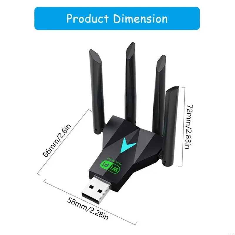 การ์ด C90F USB WiFi ที่มีเสาอากาศปรับ 4 ตัว 1300Mbps การเพิ่มสัญญาณแบนด์สองวงสำหรับคอมพิวเตอร์แล็ปท็อปเดสก์ท็อป