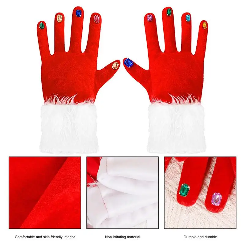 Creative Kids Red Christmas Gloves Velvet Red Gloves Costume With Gemstone Manicure For Women Rave Party Christmas Party Prom