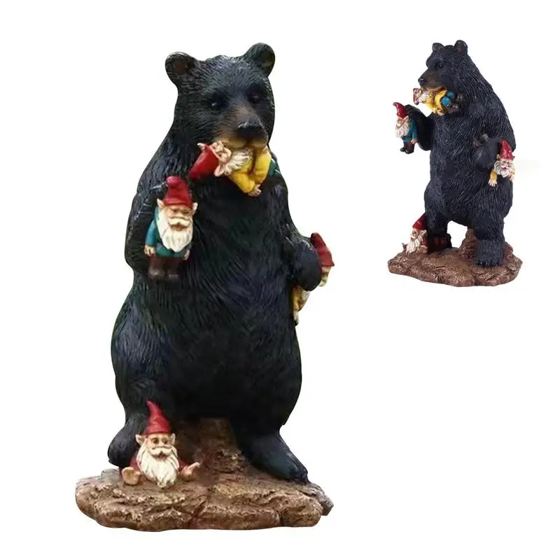 Black Bear Figurines Garden Bear Eats Dwarfs Statue Expert Resin Craftsmanship Novelty Statue For Backyard Patio Kitchen