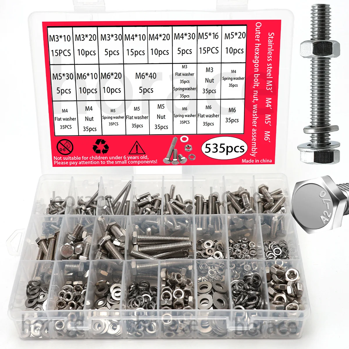 535-Piece Hexagon Head Bolts, Nuts and Flat Washers Kit, M3/M4/M5/M6 Heavy Duty Stainless Steel Full Thread