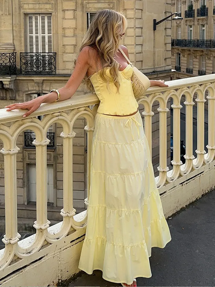 

HH Female Summer Fashion Midi Skirt A-line Solid Color Mid-waist Bow Lace-up Layered Spliced ​​Elegant Slim Causal Skirts