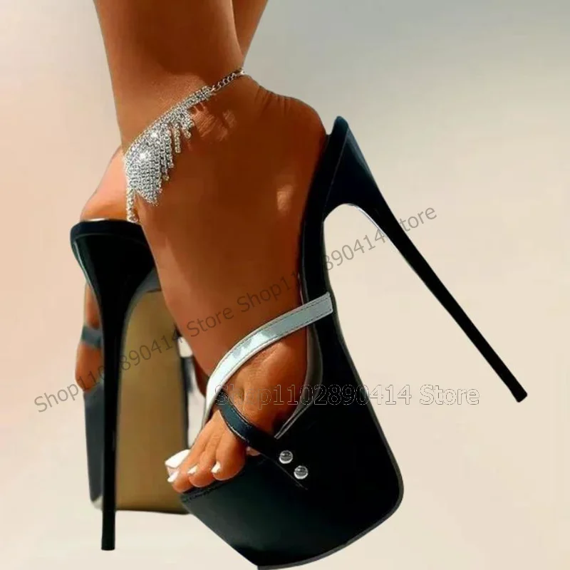 

Black White Open Toe Rivets Decor Platform Slippers Slip On Women Shoes Thin High Heels Fashion Party 2025 Zapatos Para Mujere