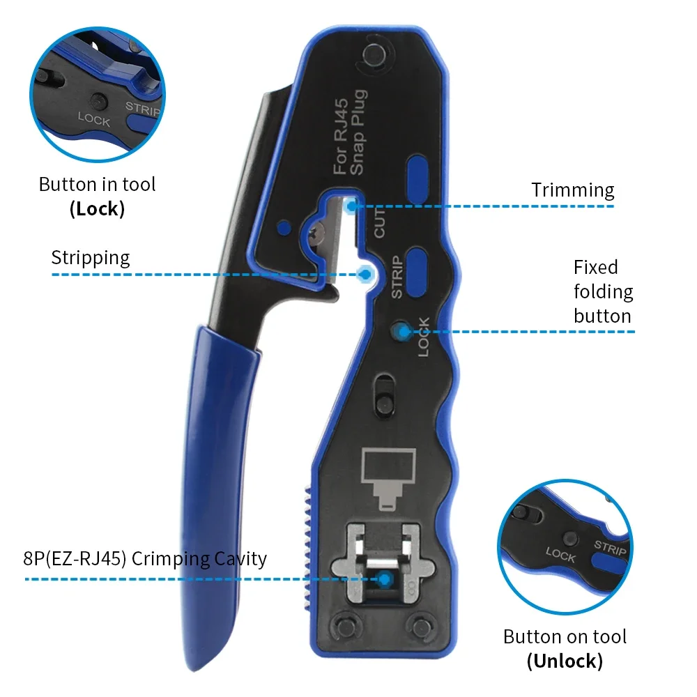 Pass Through RJ45 Crimping Tool Kit, 3-in-1 Crimp Cut Strip, 8P Network Crimper for Cat6A Cat6 Cat5e Ethernet Cable with Plugs - view 4