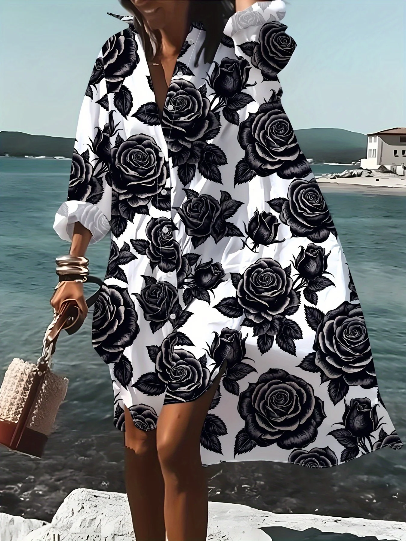 Schwarzes Rosenmuster Langarm-Hemdkleid Urlaubsstil Lässiges Sommerkleid Damen Blumenmuster A-Linien-Kleid Trendy 2024