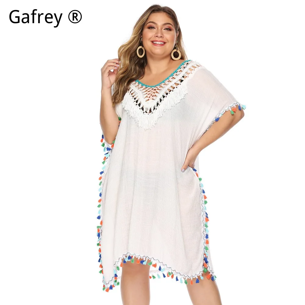 

Пляжное платье больших размеров (3XL, 2XL, XL) в богемном стиле, связанное крючком, новинка 2026 года, с разноцветной бахромой, пэчворк, глубокий V-образный вырез, без спинки, свободное, для женщин
