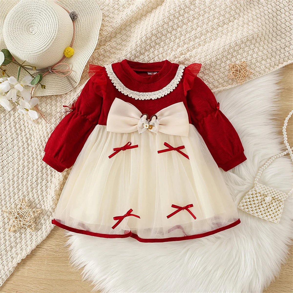 Baby Girl Christmas Dress Baby Princess Birthday Red Long Sleeve Dress Spring And Autumn Bow Mesh Sweet Children\'S Clothing