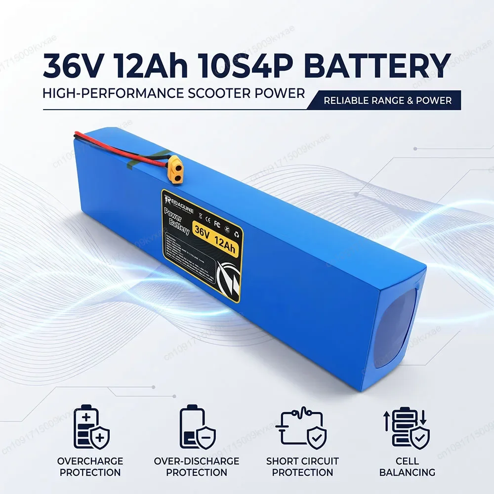 Electric Scooter Battery 36V 12Ah 10S4P 18650 Rechargeable Li-ion Pack with Protection BMS for 250W-500W Ebike Cycling Motor