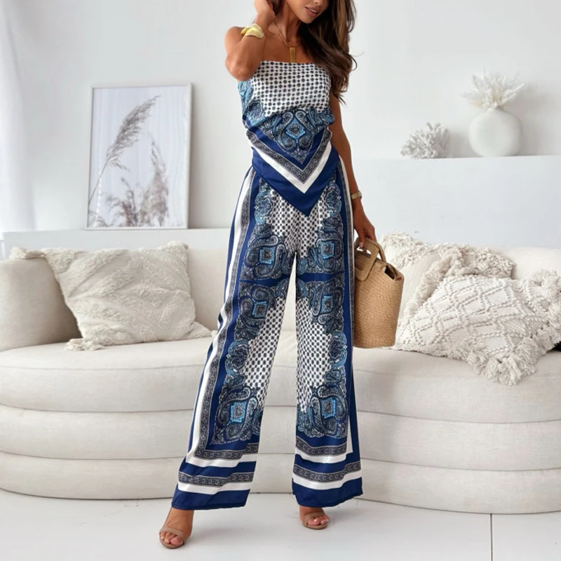 Bohemian Casual Off Shoulder Hollow Suit Fashion High Waist Long Pants Slim Outfits Summer Vacation Printed Women Two Piece Sets