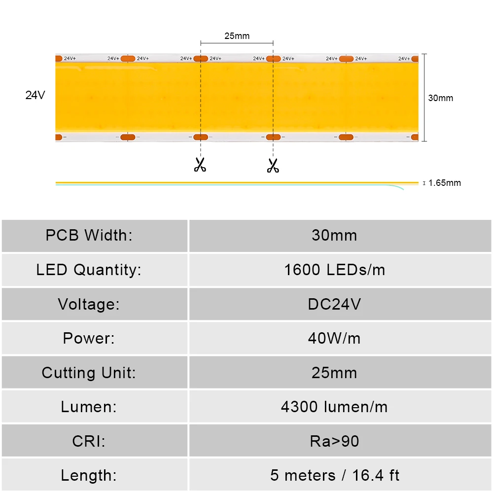 5 Rows High Brightness Flexible COB LED Strip 4300lm/m High Density 1600 LEDs/m Dimmable Led Lights RA90 3000K 4000K 6500K DC24V