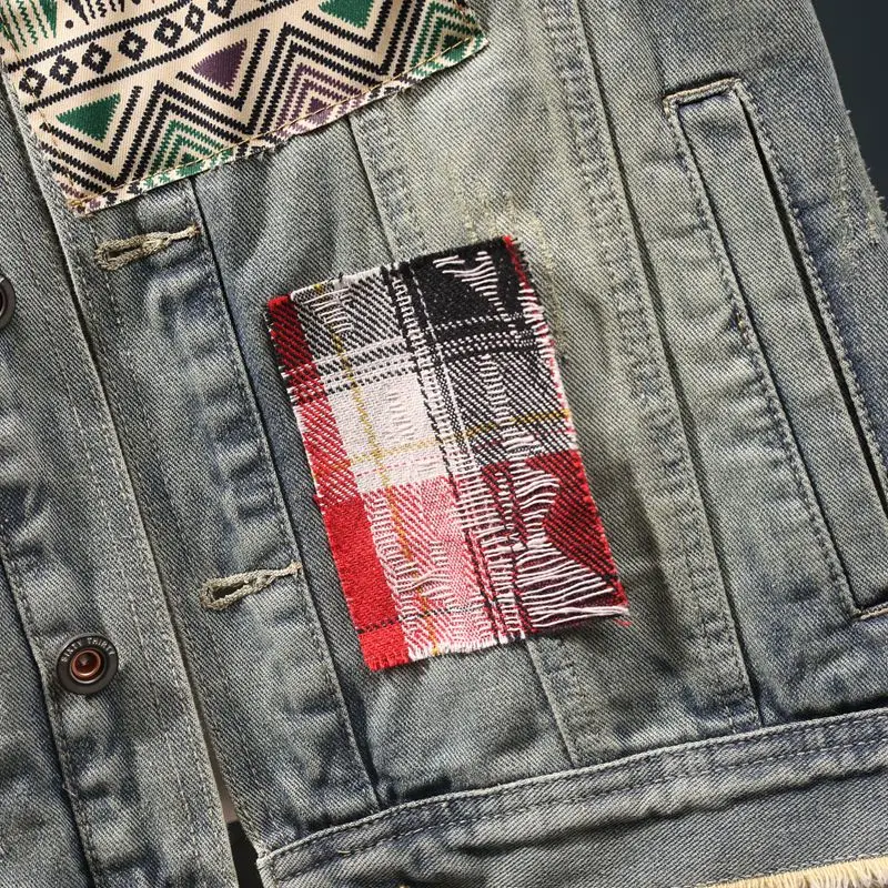 2024 Zomer Bedrukt Amerikaans Gewassen Denim Vest Man Losse Ruche Knappe Distressed Mouwloze Casual Retro Nostalgische Jas