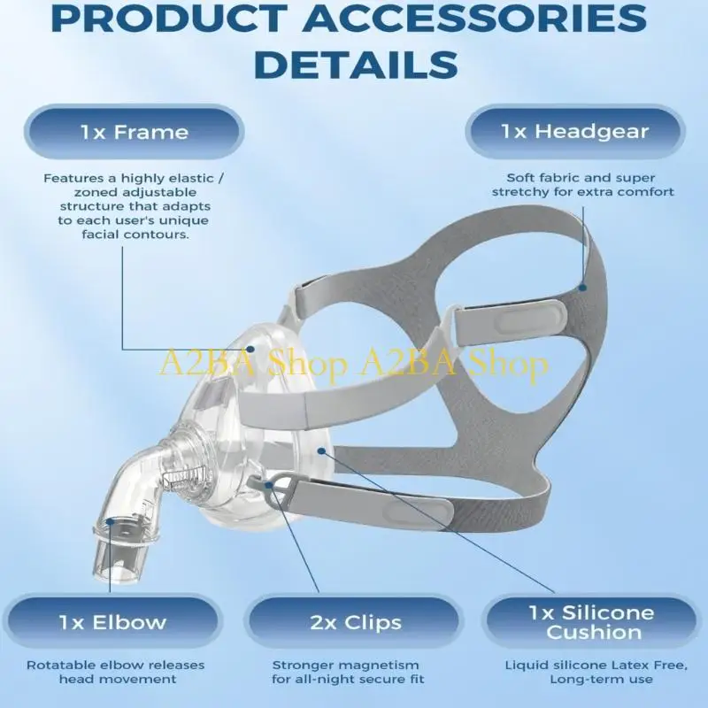A2BA Full Face CPAP Replacement Frame for F20 Home Sleep Respirator Accessories with Headgear Support, Front Elbow Joint, and