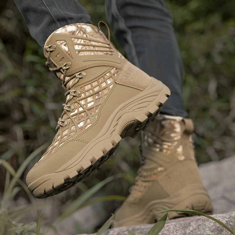 High Top Hiking Shoes Men Leather Waterproof Desert Combat Training Boots Anti-slip Tactical Boots Outdoor Men Motorcycle Boots