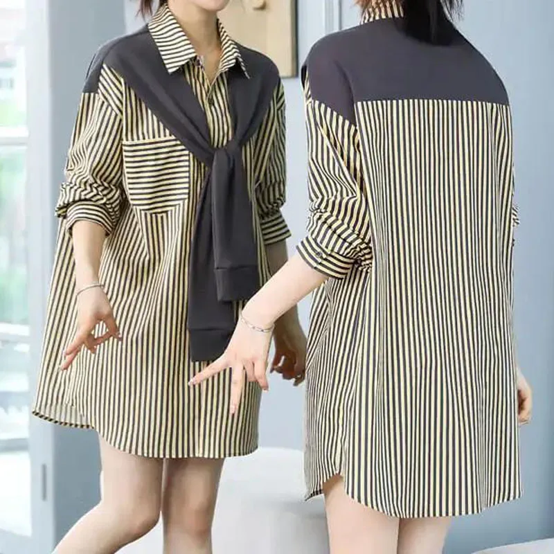 Korean Shawl Spliced Casual Striped Shirt 2023 Fashion Loose Fake Two Pieces Women\'s Turn-down Collar Button Long Sleeve Blouses