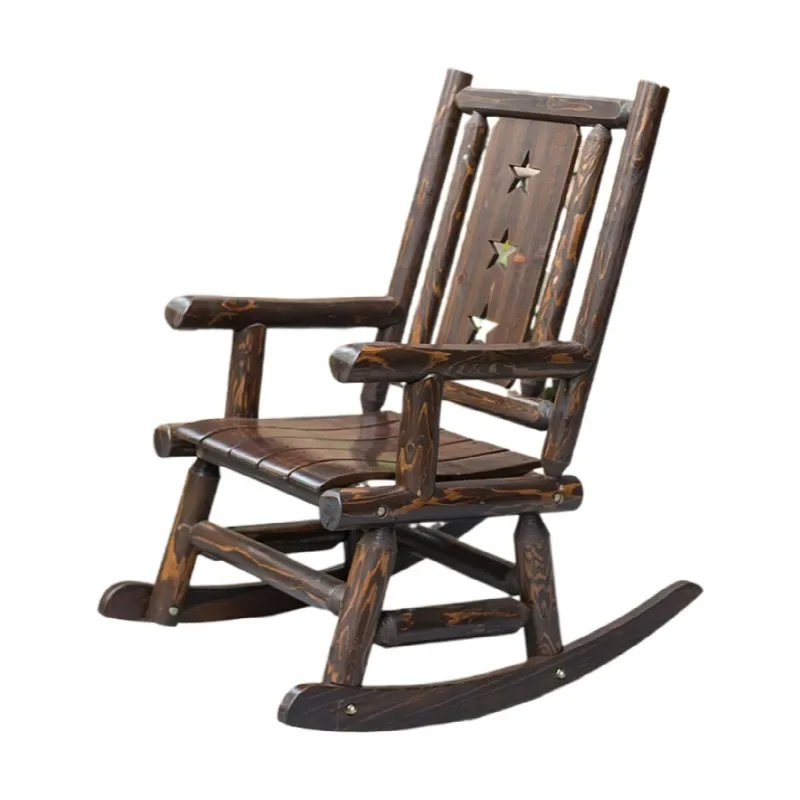 Antique Wood Outdoor Rocking Log Chair Wooden Porch Rustic Single Rocker Leisure Design Armchair for Deck, Balcony or Indoor Use