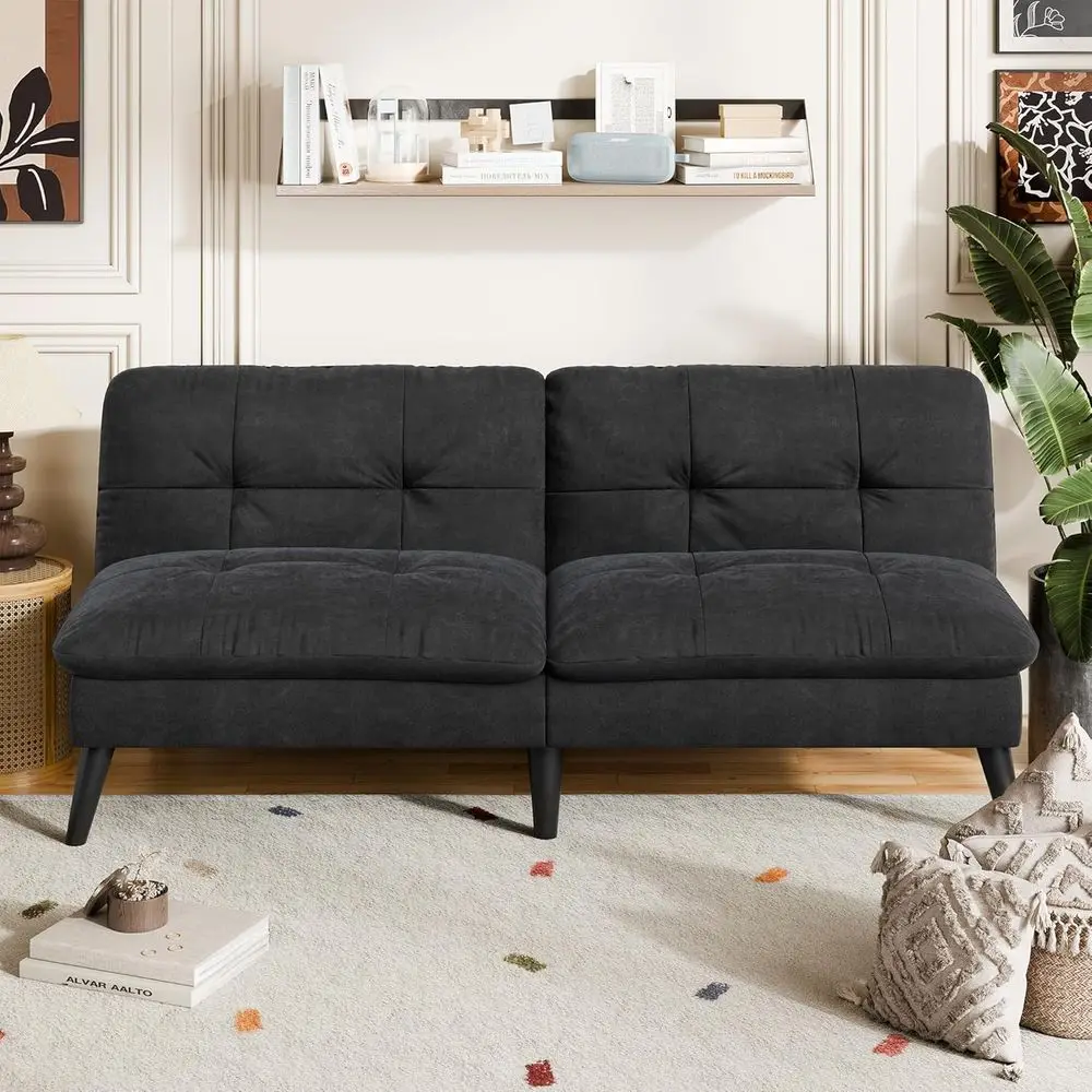 

Velvet Adjustable Backrest Couch, Small Space Sleeper Sofa, Convertible Loveseat for Living and Bedroom, Black
