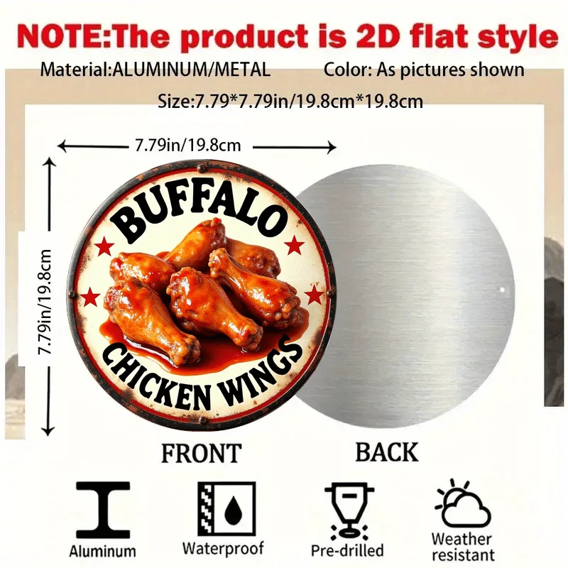 2D Flat, 2D Flat Buffalo Chicken Wing Metal Wall Art - 20.32x20.32 cm Round Aluminum Sign with Vibrant Red and Black Buffalo Des