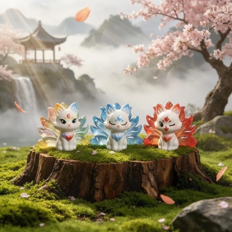 [J] Cute Nine-tailed Fox Resin Charms Cartoon Animal Figurines DIY Keychain Pendants Mini Desktop Car Ornaments Craft Supplies