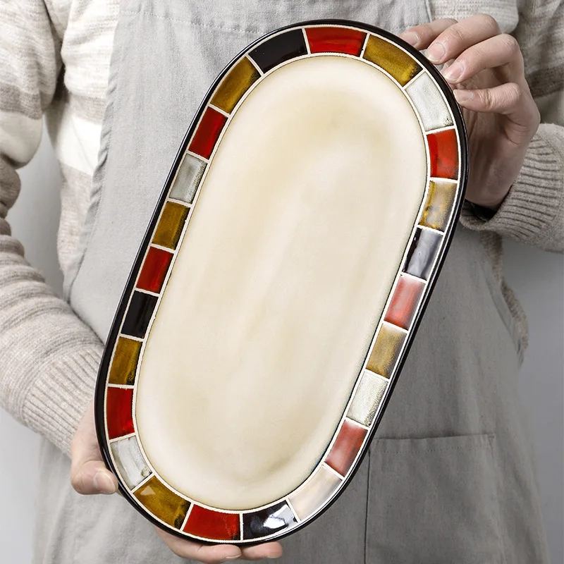 American Style Ceramic Plate Glaze Changing Bowl Home Use Steak Dish Creative Red Checkered Deep Dish Tableware Dinner Plates