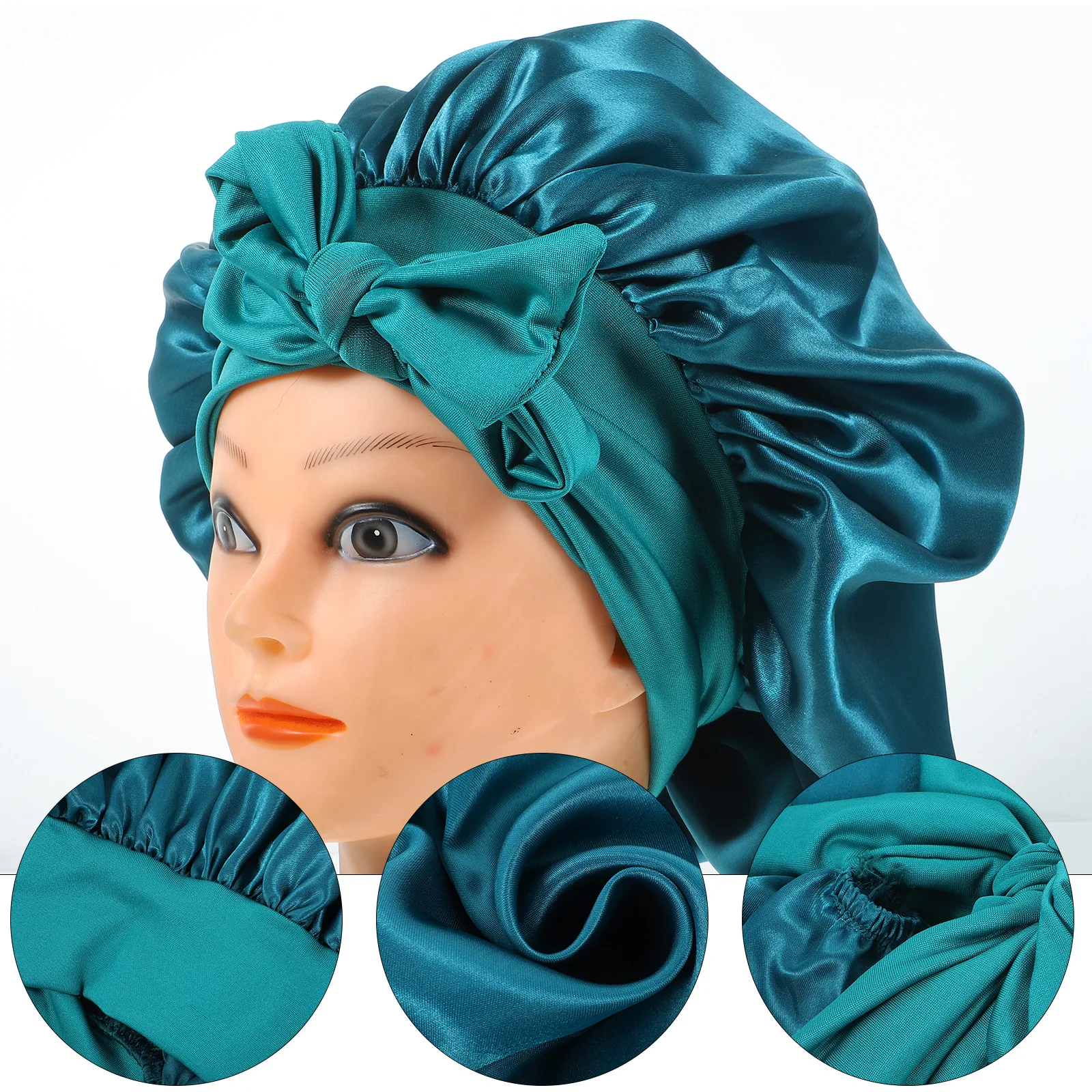 

Solid Color Wide Brim Sleep Cap with Cute Bowknot Design Multi-Functional for Makeup Ads Elastic Hair Bonnet for Curly Hair