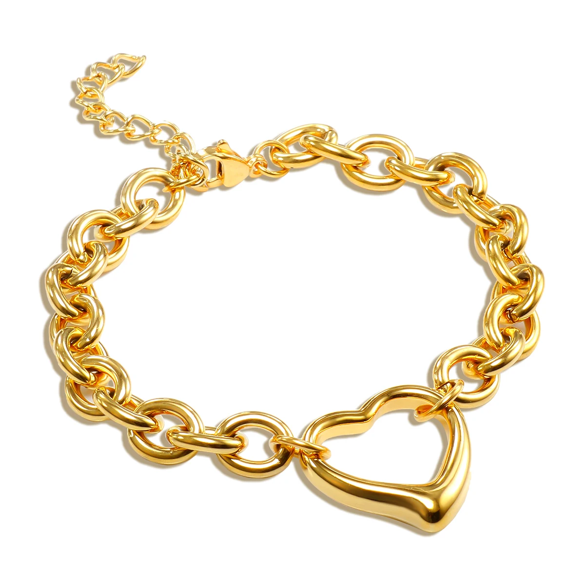 JINHUI 2024 Trendy Gold Plated Hollow Heart Stainless Steel Oval Link Chain Bracelet for Women Men Couples Romantic Jewelry Gift