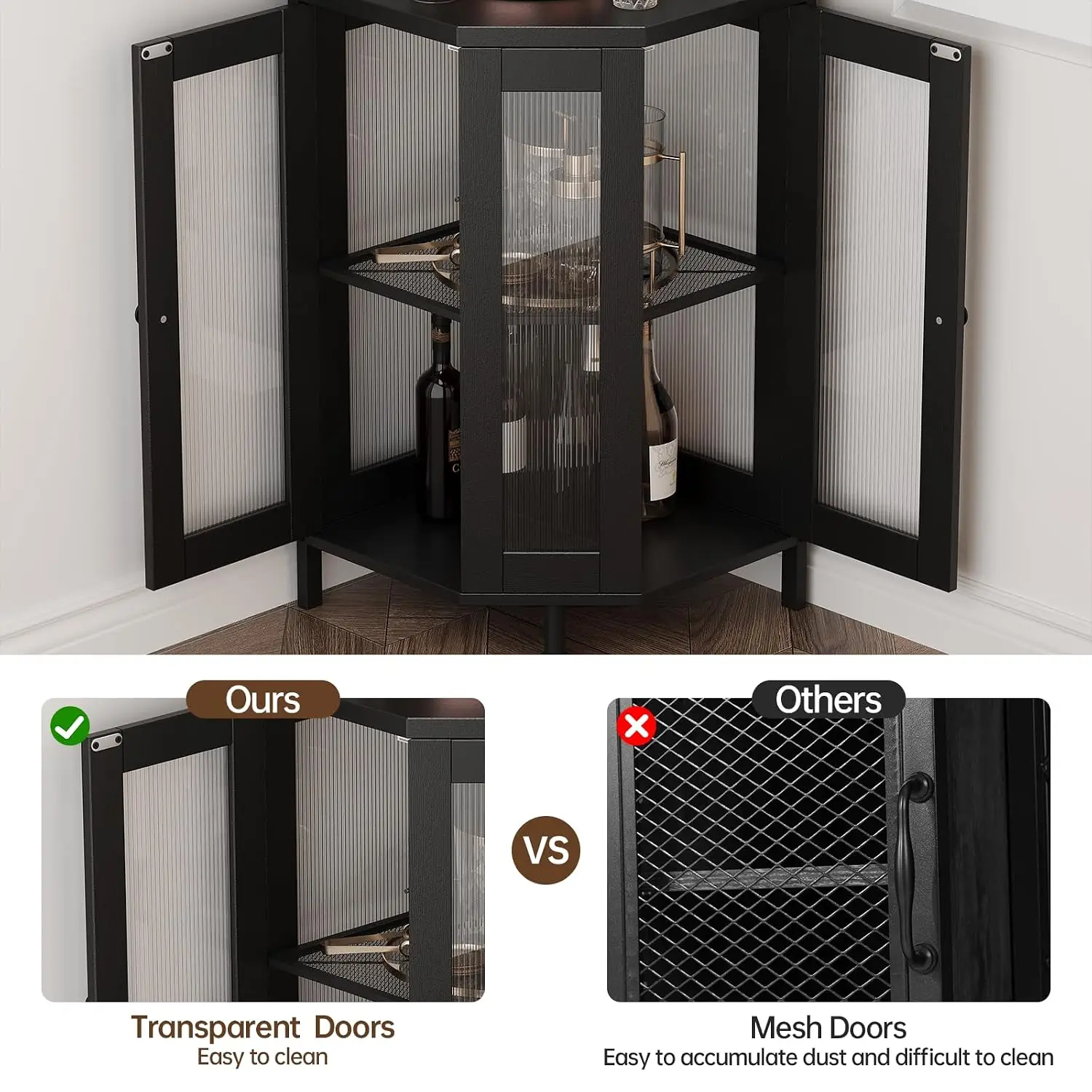 Corner Bar Cabinet with Power Outlet, 5-Tier LED Wine Cabinet with Glass Holder, Industrial Tall Liquor Rack, Black, Customized