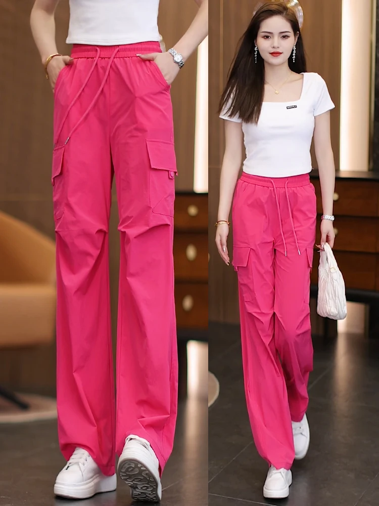 

Американские летние тонкие спортивные брюки свободного кроя с высокой талией, повседневные прямые брюки из ледяного шелка для женщин, быстросохнущие, для работы