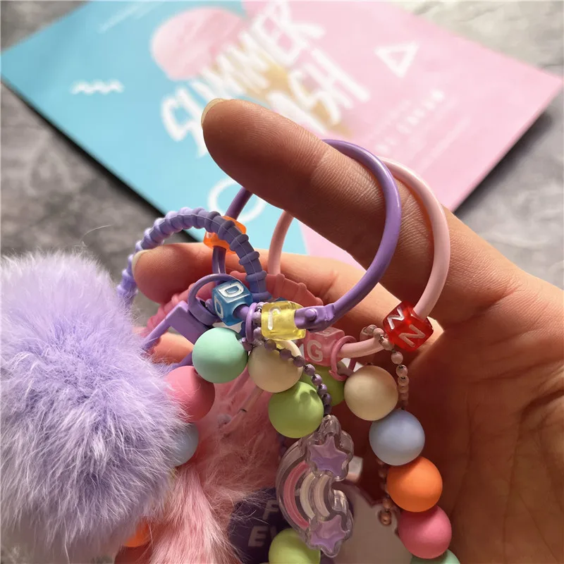 Key Tags Hair Ball Keychains Couple Gifts Colorful Beads Car Keychain Diy Keychain Accessories Small Fresh Hanging Key Chain