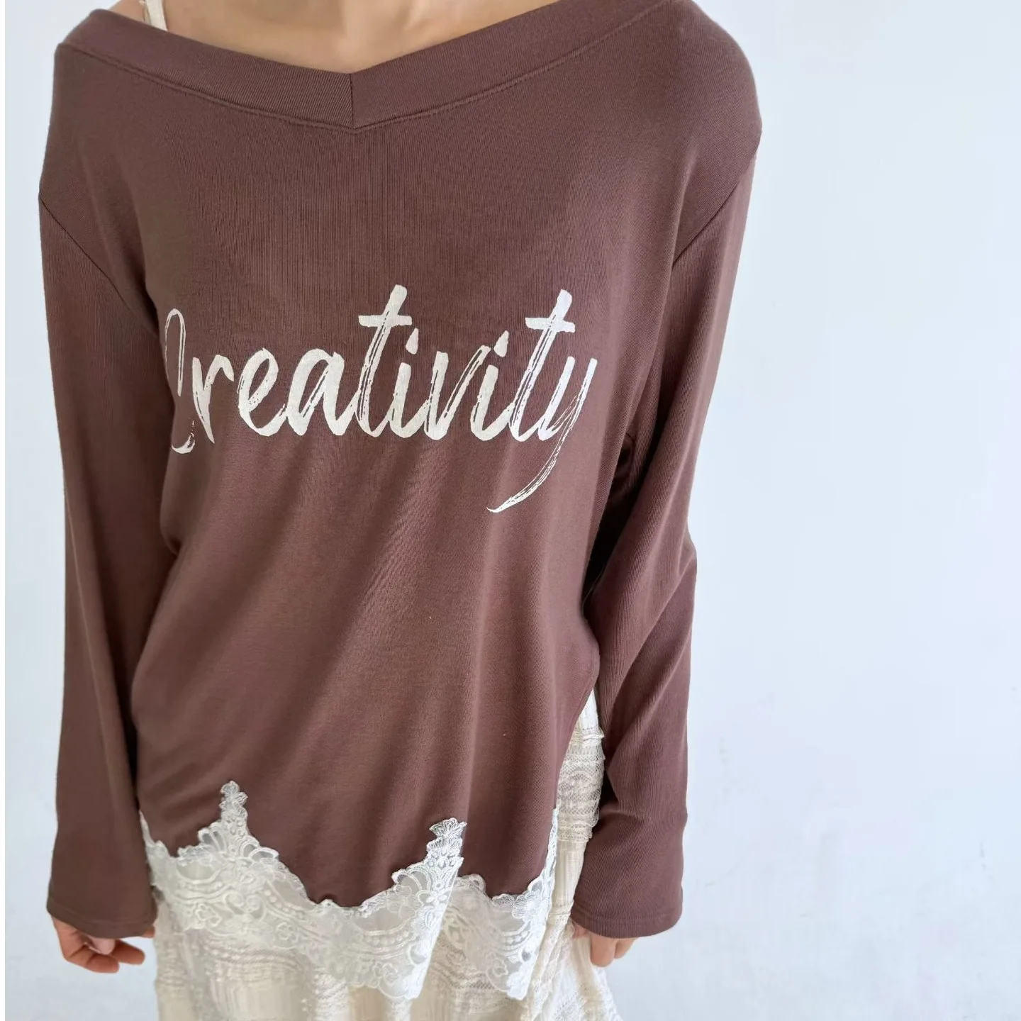 New Loose Versatile Lace Trim Long Sleeve Top Women's Casual Fashion Spring Autumn Polyester Fiber Universal Fit Regular Length