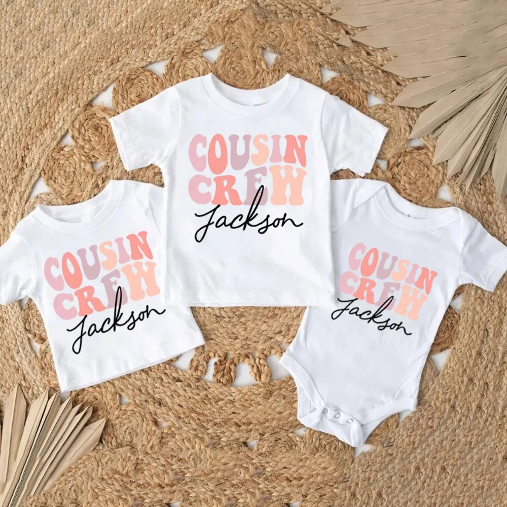 Personalized Family Brother Sisters Cousin Crew Outfit Custom Name Casual Short Sleeve Family Set Kids T-shirt+ Baby Romper