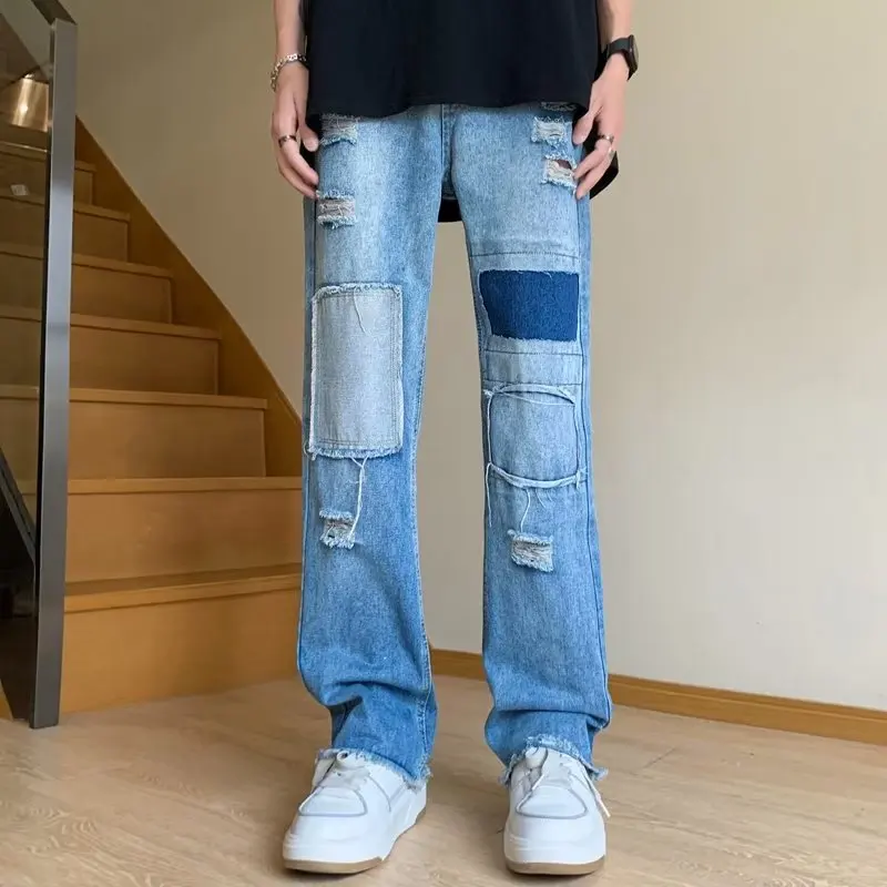 

2023 Ropa Grunge Y2K Streetwear Baggy Stacked Ripped Jeans Pants Men Clothing Straight Washed Blue Denim Trousers Pantaloni Uomo