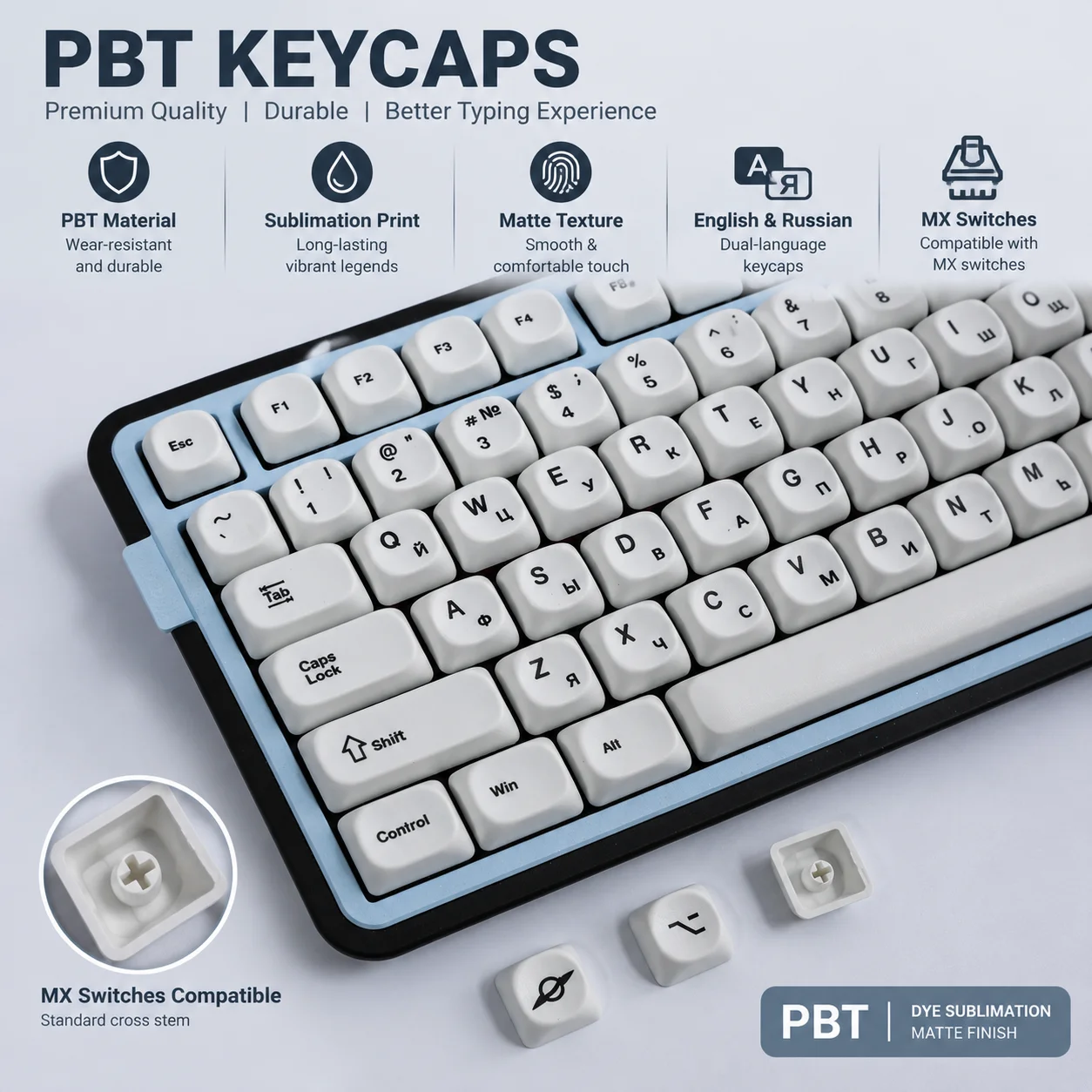 Russian English White Keycaps,Retro MOA Profile Dye-Sub Custom PBT Key Cap Set for MX Switches Mechanical Keyboard 60%-100%