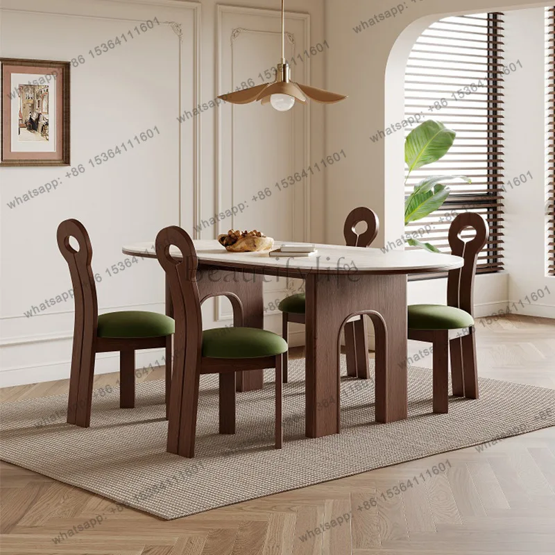 French solid wood retro dining table medieval wind tunnel stone slate walnut dining table and chairs household